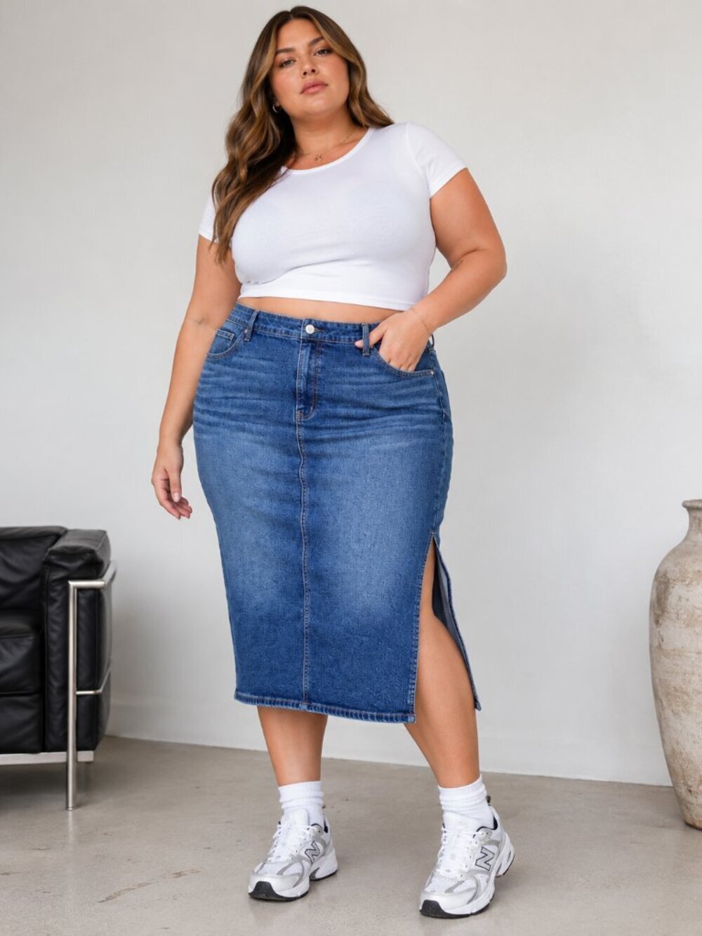 Edited by Remi Bader Plus Size Denim Pencil Skirt 22W Stretch Side Slit Midi